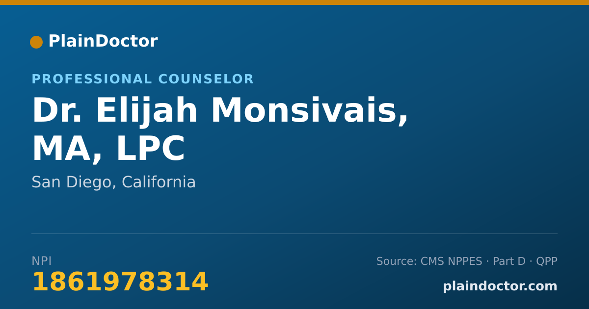 Shareable card for Elijah Monsivais, MA, LPC - Professional Counselor, San Diego, CA