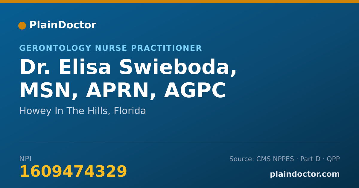 Shareable card for Elisa Swieboda, MSN, APRN, AGPC - Gerontology Nurse Practitioner, Howey In The Hills, FL