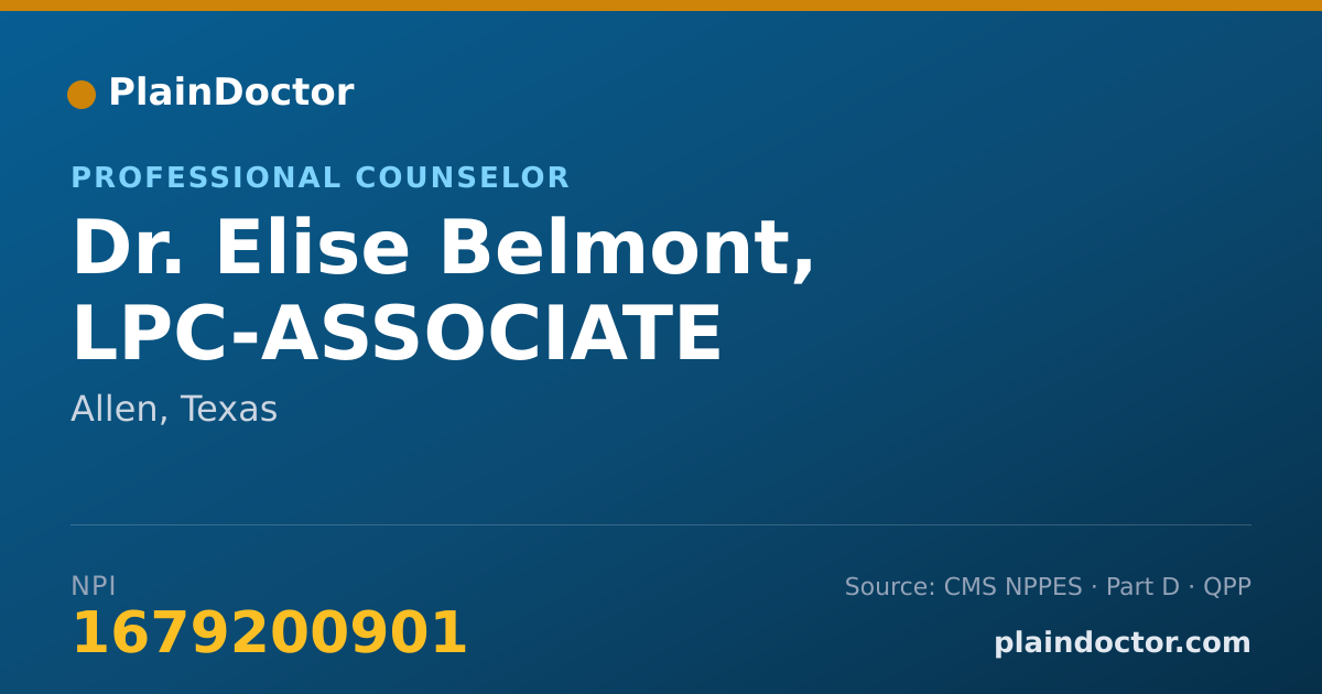 Shareable card for Elise Belmont, LPC-ASSOCIATE - Professional Counselor, Allen, TX