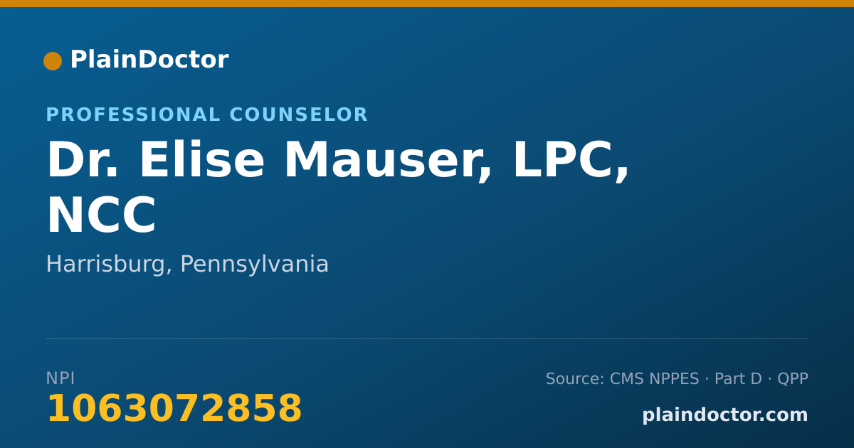 Shareable card for Elise Mauser, LPC, NCC - Professional Counselor, Harrisburg, PA