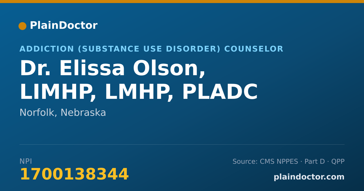 Shareable card for Elissa Olson, LIMHP, LMHP, PLADC - Addiction (Substance Use Disorder) Counselor, Norfolk, NE