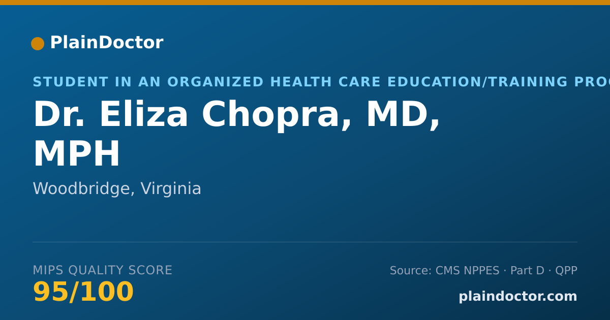 Shareable card for Eliza Chopra, MD, MPH - Student in an Organized Health Care Education/Training Program, Woodbridge, VA