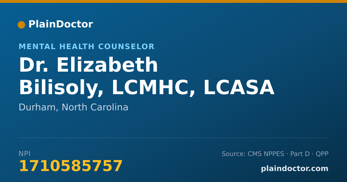 Shareable card for Elizabeth Bilisoly, LCMHC, LCASA - Mental Health Counselor, Durham, NC
