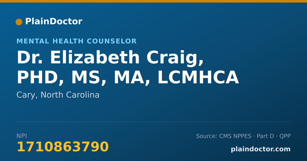 Shareable card for Elizabeth Craig, PHD, MS, MA, LCMHCA - Mental Health Counselor, Cary, NC