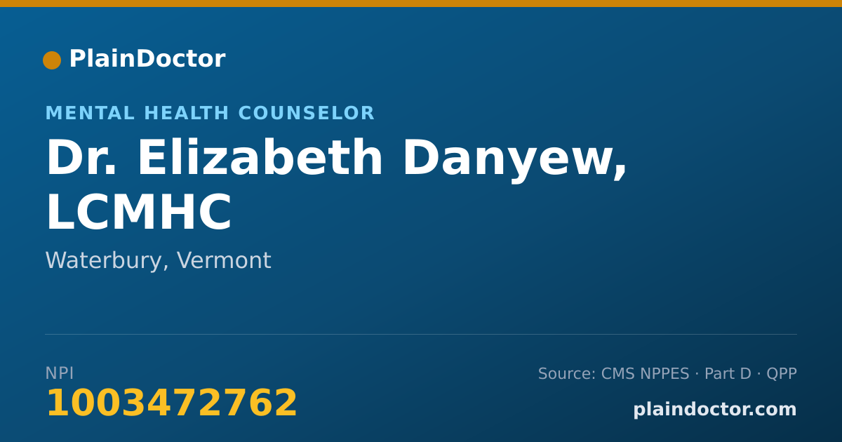 Shareable card for Elizabeth Danyew, LCMHC - Mental Health Counselor, Waterbury, VT