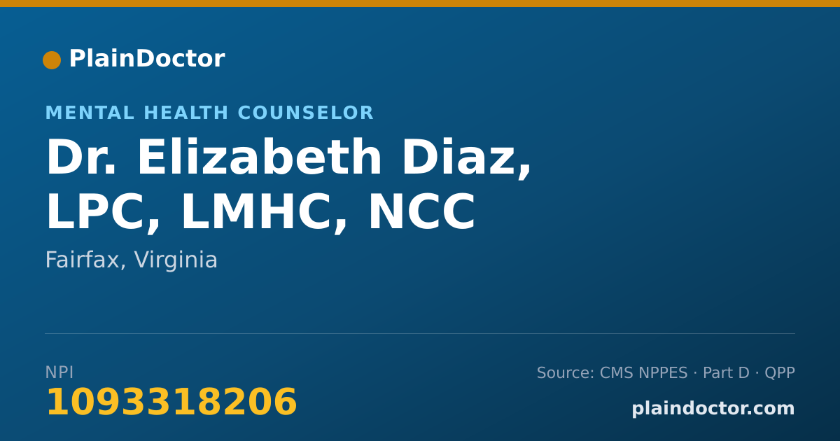 Shareable card for Elizabeth Diaz, LPC, LMHC, NCC - Mental Health Counselor, Fairfax, VA