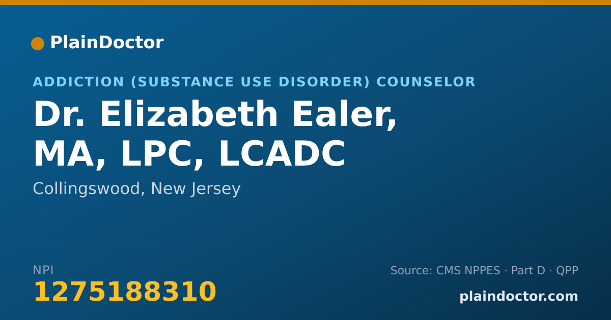 Shareable card for Elizabeth Ealer, MA, LPC, LCADC - Addiction (Substance Use Disorder) Counselor, Collingswood, NJ
