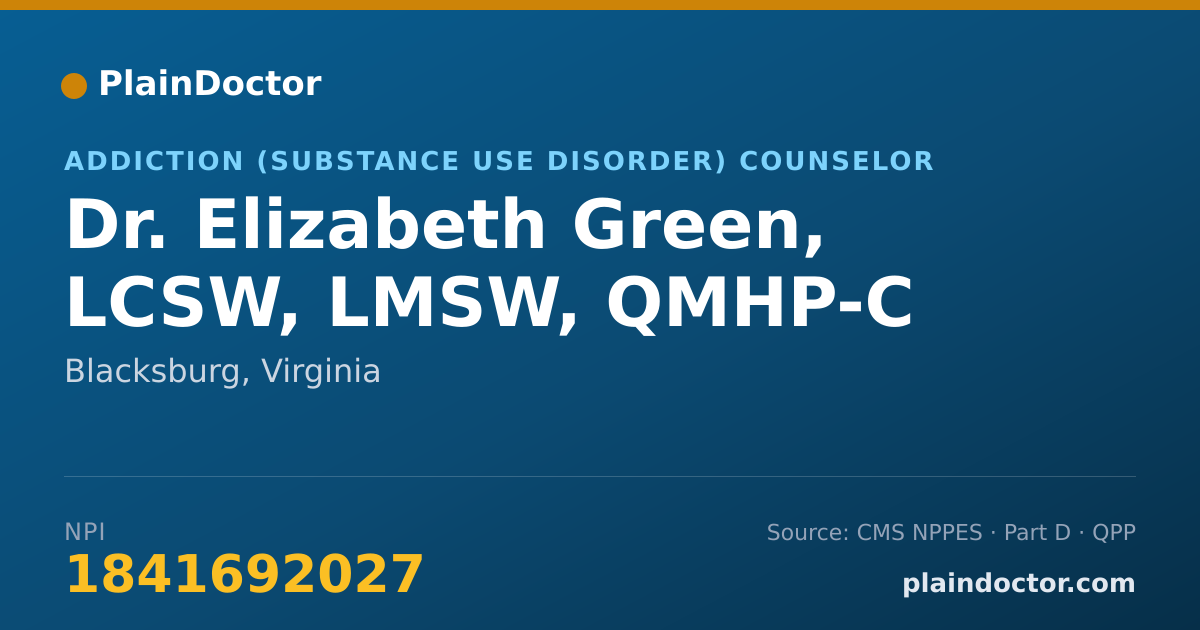 Shareable card for Elizabeth Green, LCSW, LMSW, QMHP-C - Addiction (Substance Use Disorder) Counselor, Blacksburg, VA