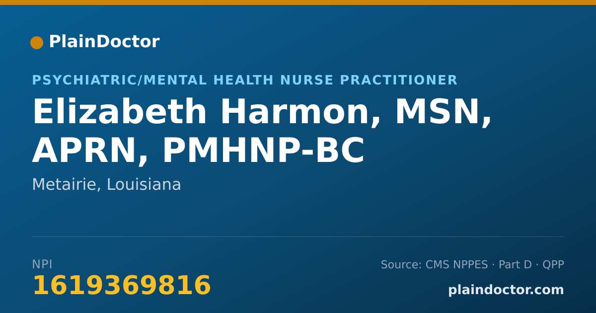Shareable card for Elizabeth Harmon, MSN, APRN, PMHNP-BC - Psychiatric/Mental Health Nurse Practitioner, Metairie, LA