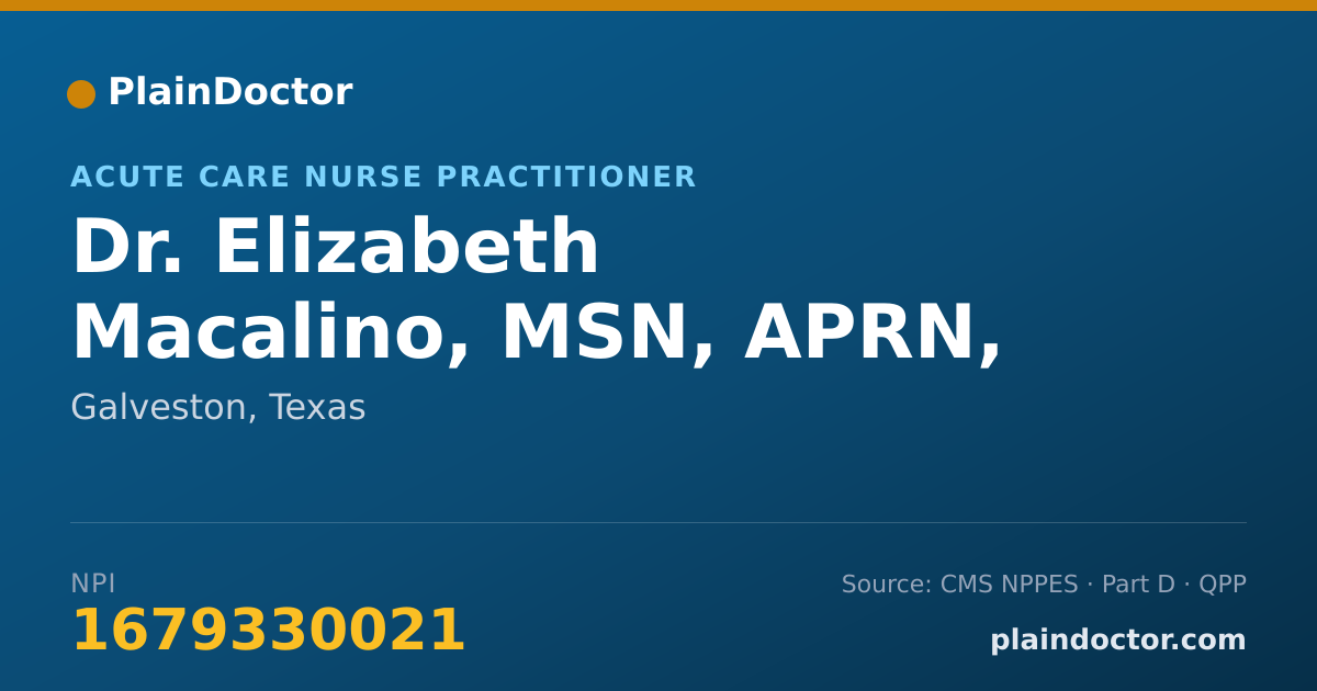 Shareable card for Elizabeth Macalino, MSN, APRN, AGACNP-BC - Acute Care Nurse Practitioner, Galveston, TX