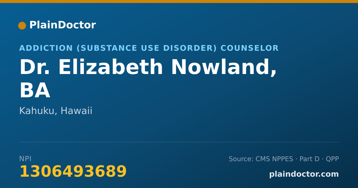 Shareable card for Elizabeth Nowland, BA - Addiction (Substance Use Disorder) Counselor, Kahuku, HI