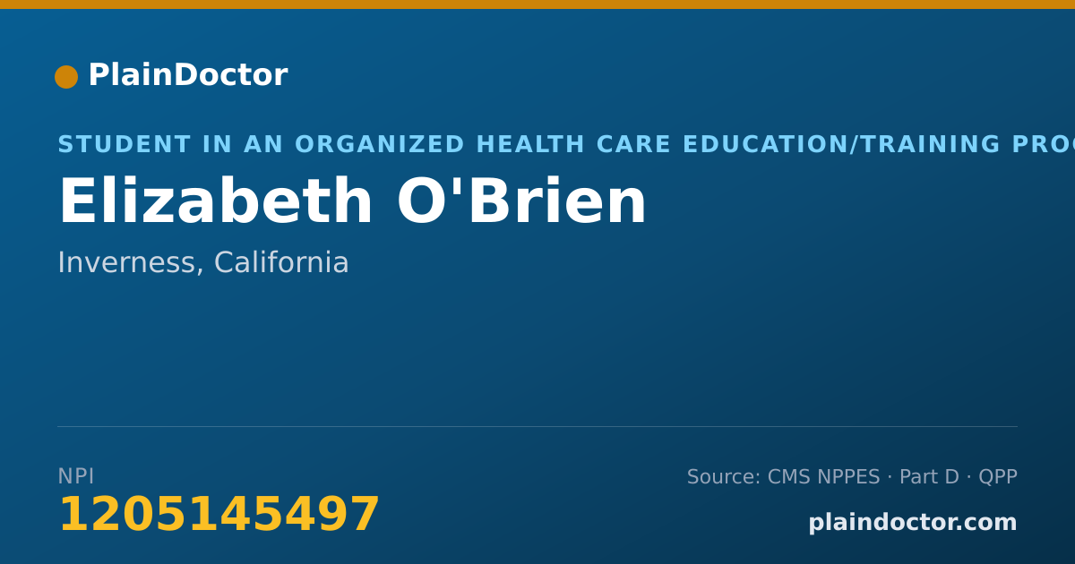Shareable card for Elizabeth O'Brien - Student in an Organized Health Care Education/Training Program, Inverness, CA