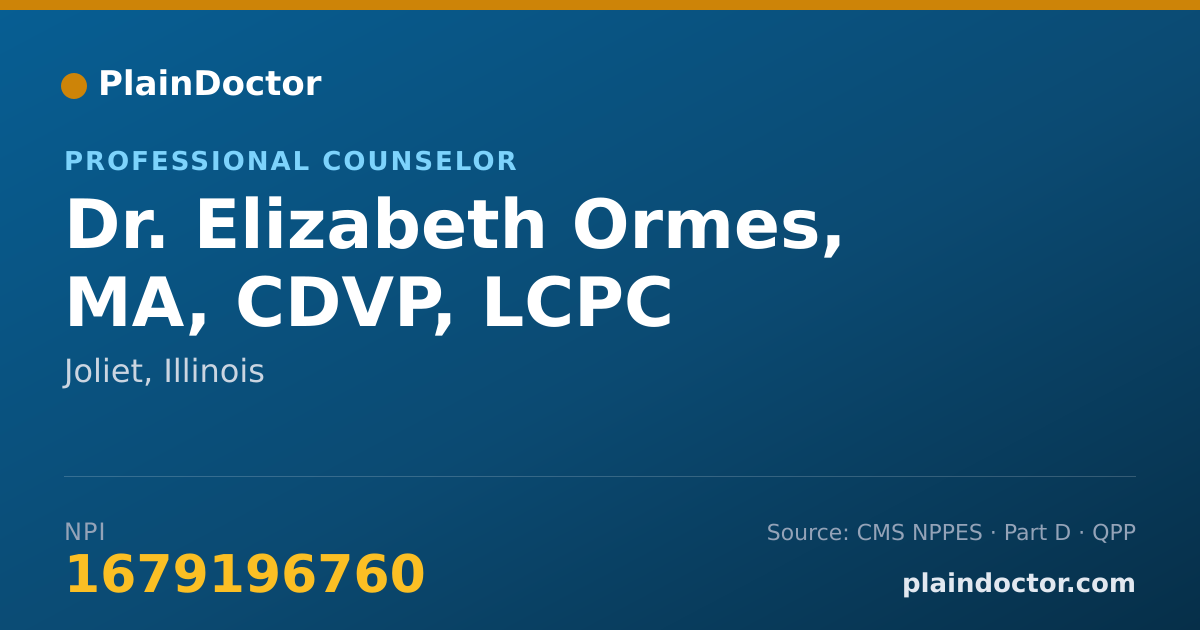 Shareable card for Elizabeth Ormes, MA, CDVP, LCPC - Professional Counselor, Joliet, IL