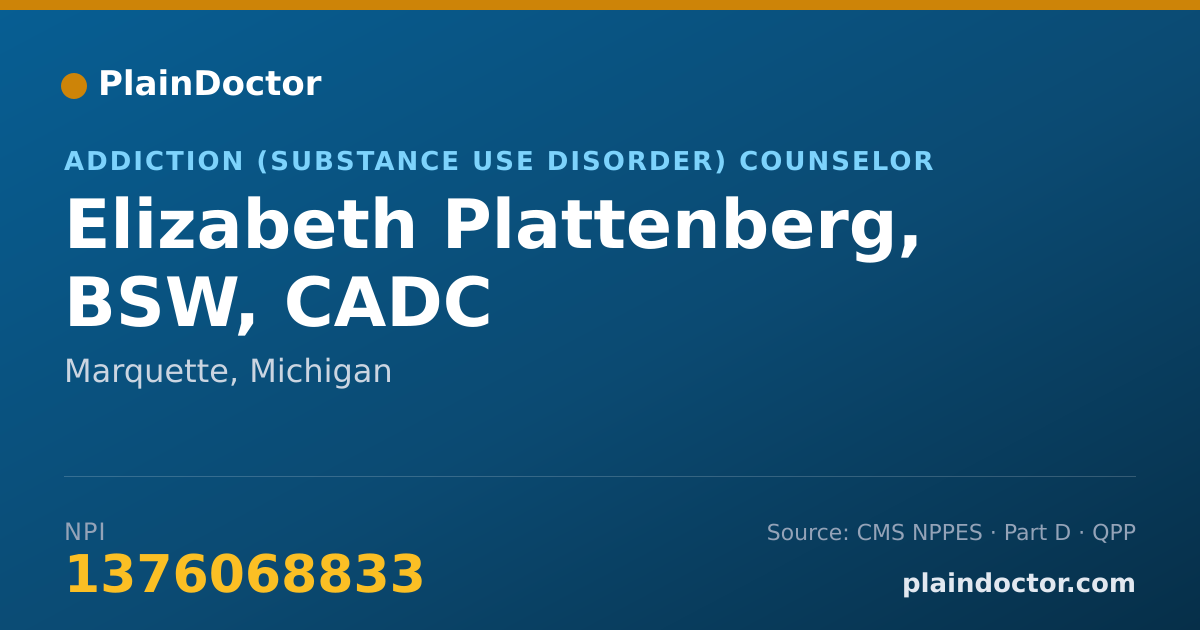 Shareable card for Elizabeth Plattenberg, BSW, CADC - Addiction (Substance Use Disorder) Counselor, Marquette, MI