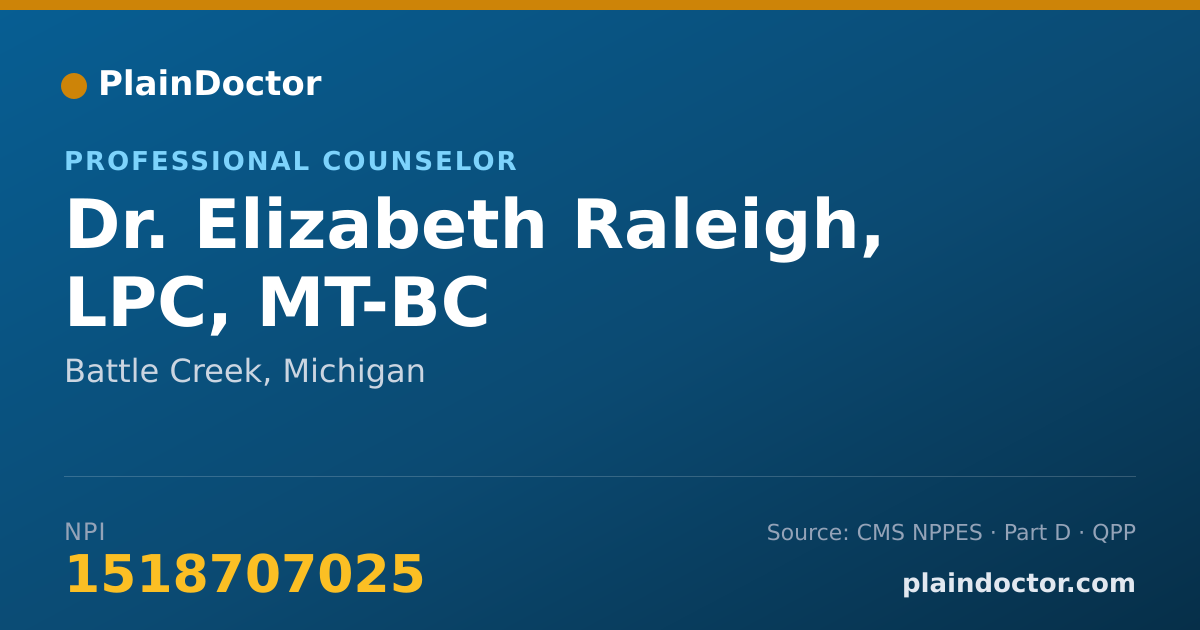 Shareable card for Elizabeth Raleigh, LPC, MT-BC - Professional Counselor, Battle Creek, MI