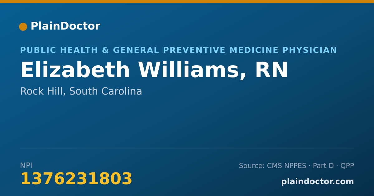 Shareable card for Elizabeth Williams, RN - Public Health & General Preventive Medicine Physician, Rock Hill, SC