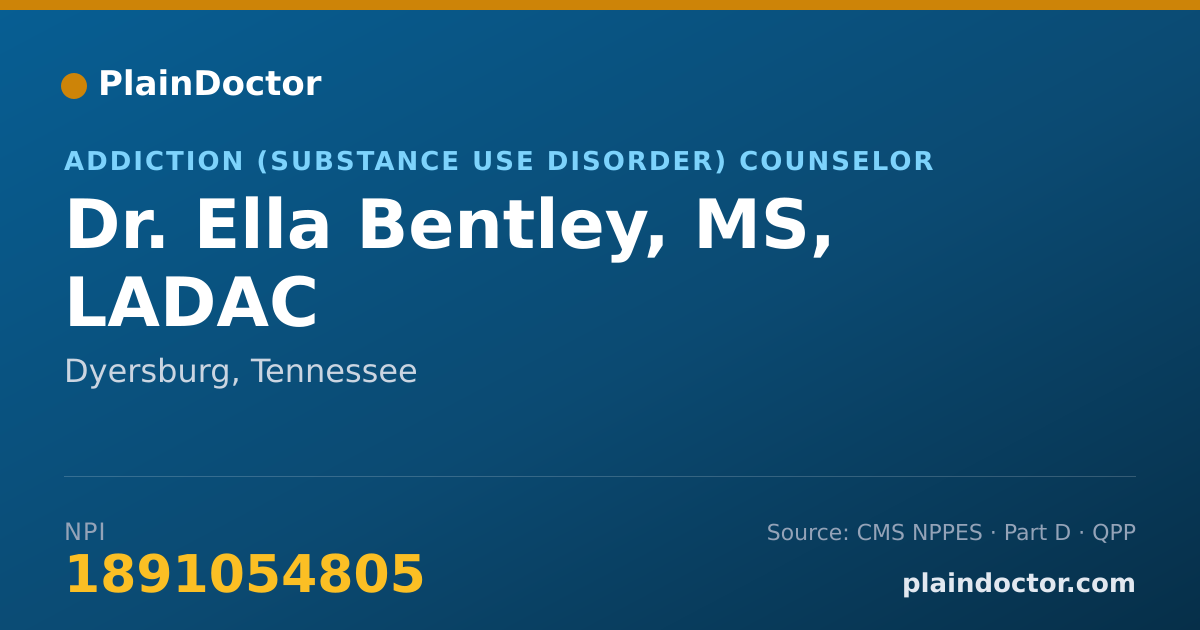 Shareable card for Ella Bentley, MS, LADAC - Addiction (Substance Use Disorder) Counselor, Dyersburg, TN