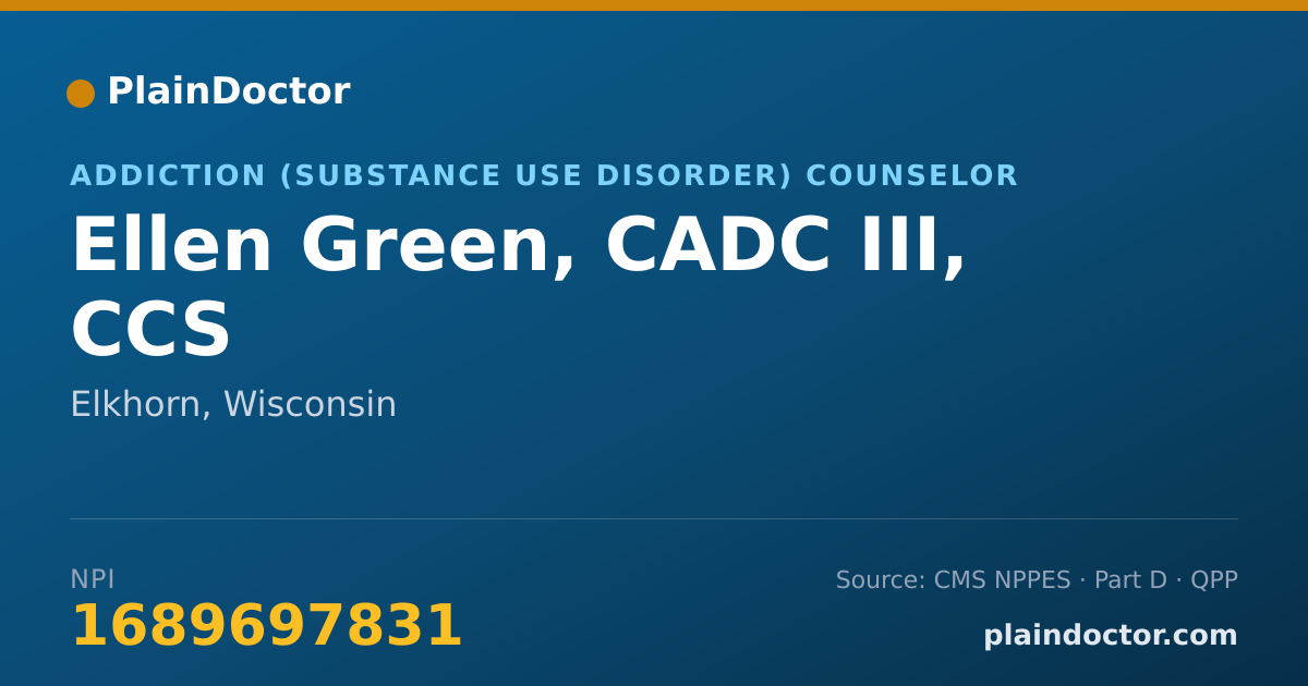Shareable card for Ellen Green, CADC III, CCS - Addiction (Substance Use Disorder) Counselor, Elkhorn, WI