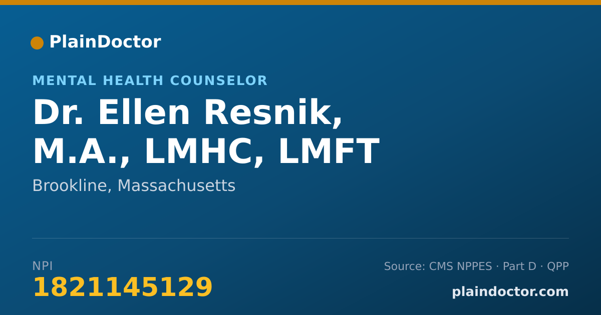 Shareable card for Ellen Resnik, M.A., LMHC, LMFT - Mental Health Counselor, Brookline, MA