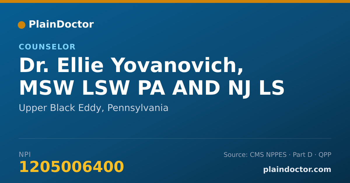Shareable card for Ellie Yovanovich, MSW LSW PA AND NJ LS - Counselor, Upper Black Eddy, PA