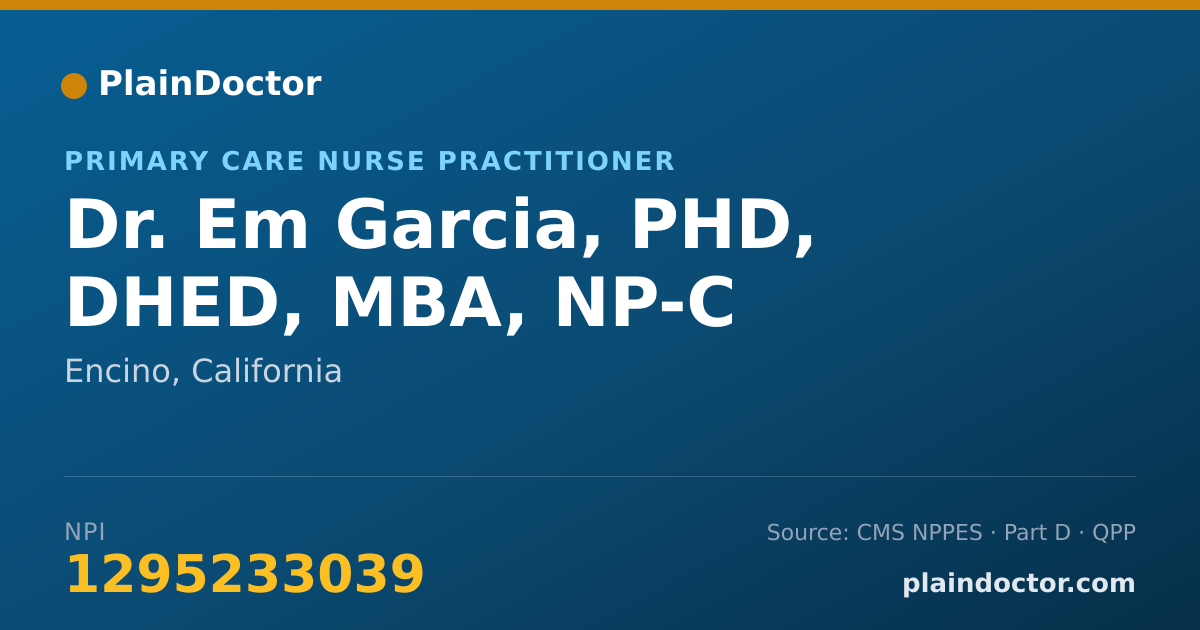 Shareable card for Em Garcia, PHD, DHED, MBA, NP-C - Primary Care Nurse Practitioner, Encino, CA