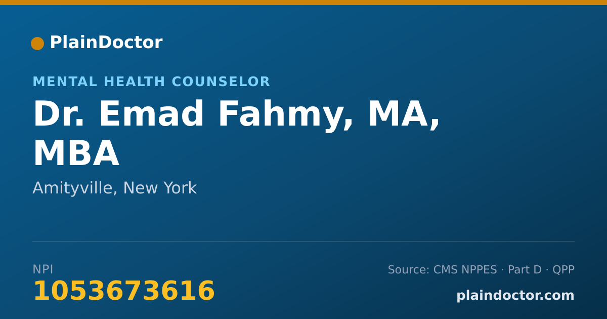 Shareable card for Emad Fahmy, MA, MBA - Mental Health Counselor, Amityville, NY