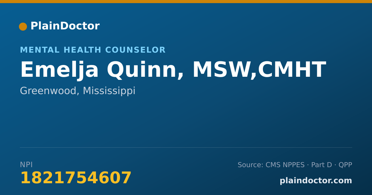 Shareable card for Emelja Quinn, MSW,CMHT - Mental Health Counselor, Greenwood, MS