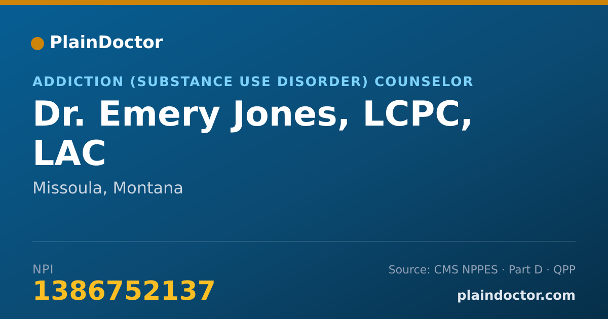 Shareable card for Emery Jones, LCPC, LAC - Addiction (Substance Use Disorder) Counselor, Missoula, MT