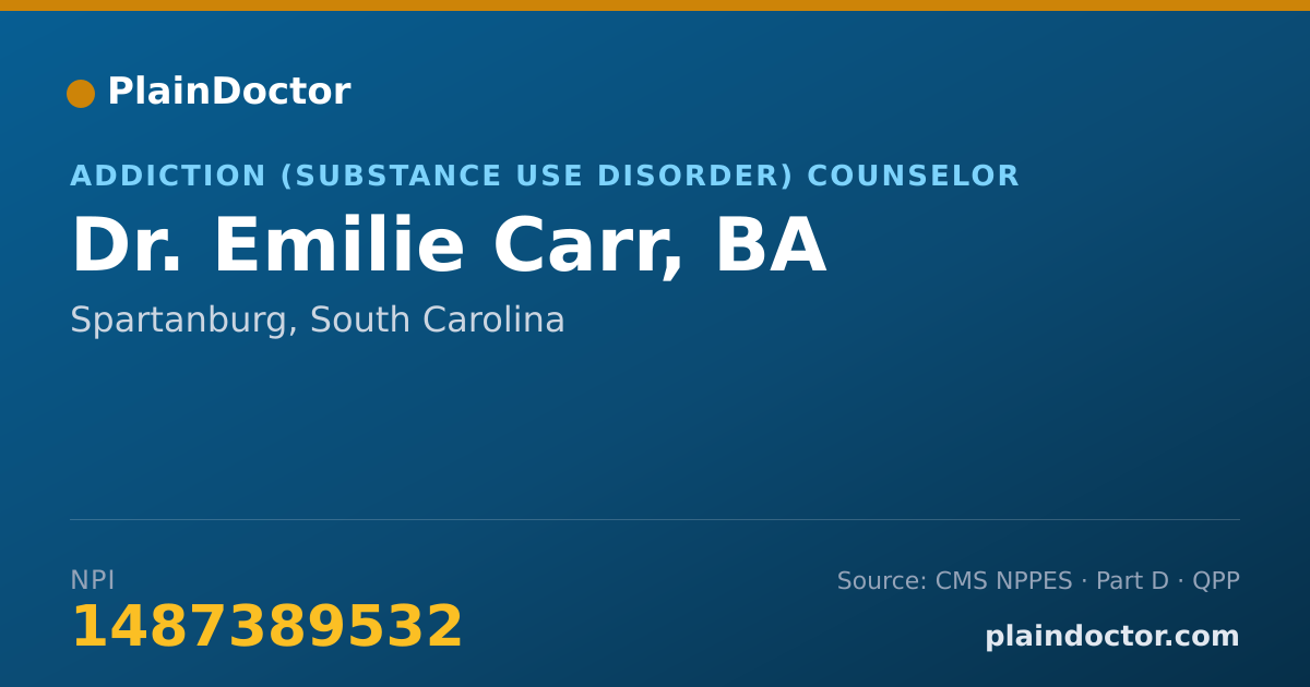 Shareable card for Emilie Carr, BA - Addiction (Substance Use Disorder) Counselor, Spartanburg, SC