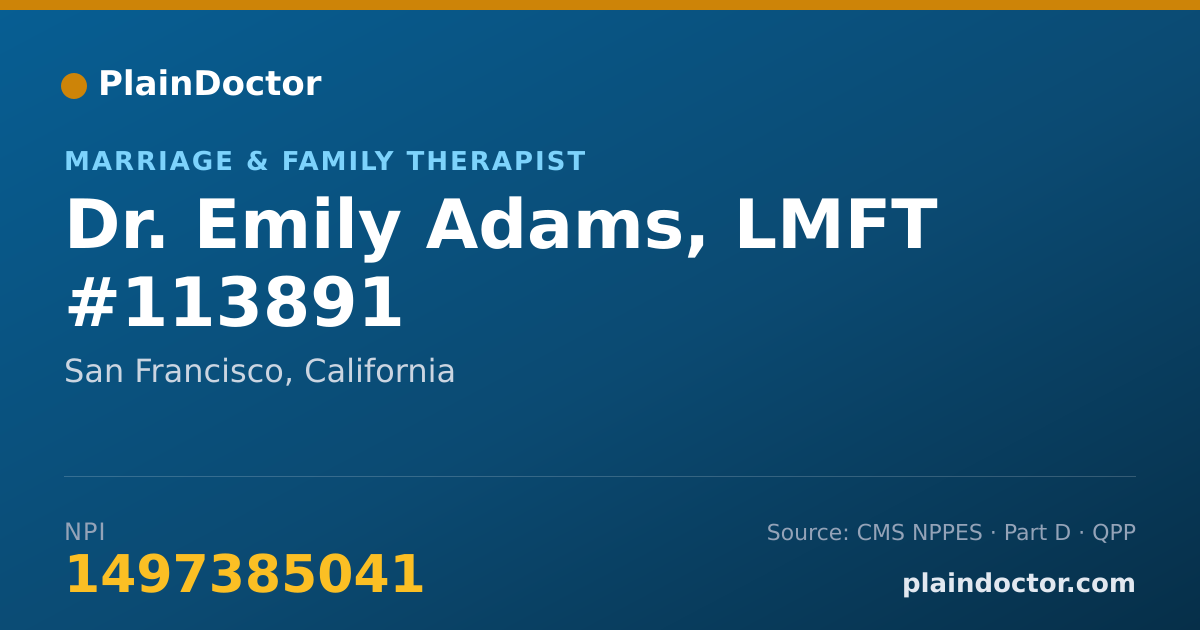 Shareable card for Emily Adams, LMFT #113891 - Marriage & Family Therapist, San Francisco, CA