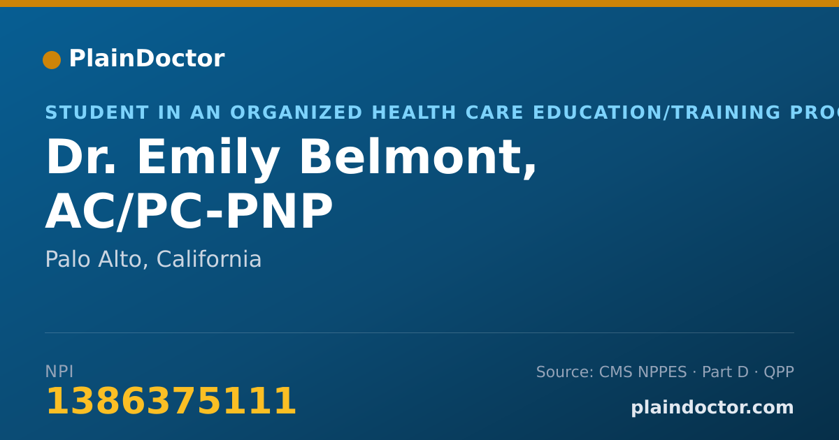 Shareable card for Emily Belmont, AC/PC-PNP - Student in an Organized Health Care Education/Training Program, Palo Alto, CA
