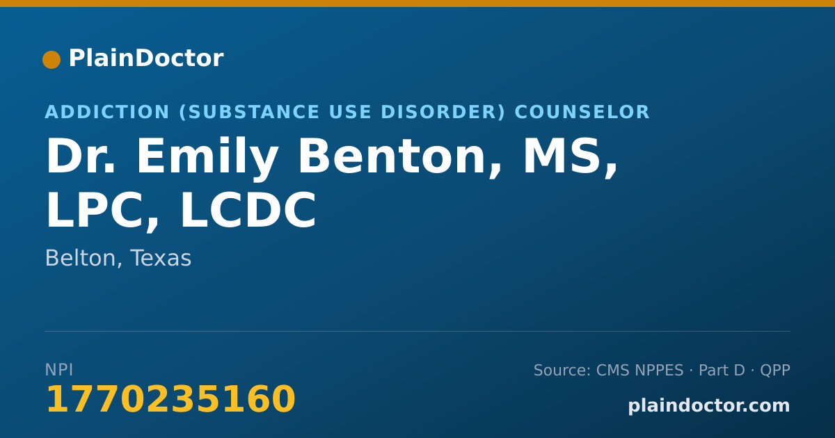 Shareable card for Emily Benton, MS, LPC, LCDC - Addiction (Substance Use Disorder) Counselor, Belton, TX