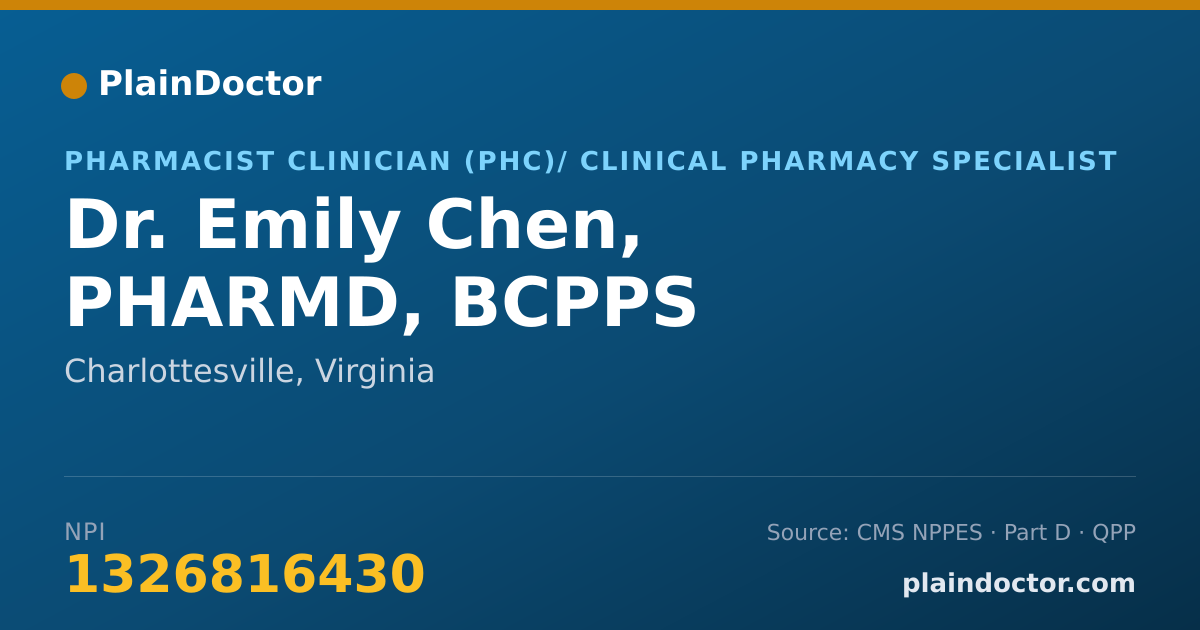 Shareable card for Emily Chen, PHARMD, BCPPS - Pharmacist Clinician (PhC)/ Clinical Pharmacy Specialist, Charlottesville, VA