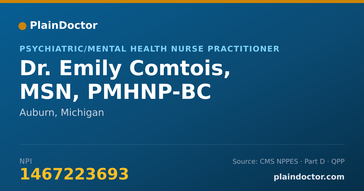 Shareable card for Emily Comtois, MSN, PMHNP-BC - Psychiatric/Mental Health Nurse Practitioner, Auburn, MI