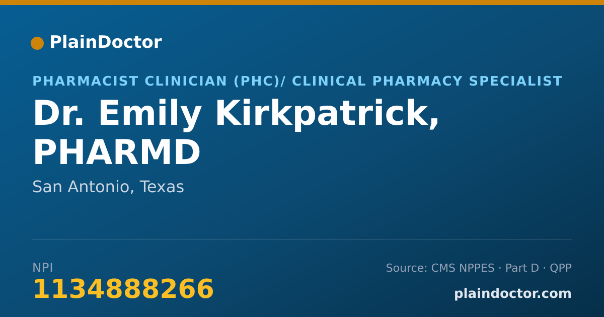 Shareable card for Emily Kirkpatrick, PHARMD - Pharmacist Clinician (PhC)/ Clinical Pharmacy Specialist, San Antonio, TX
