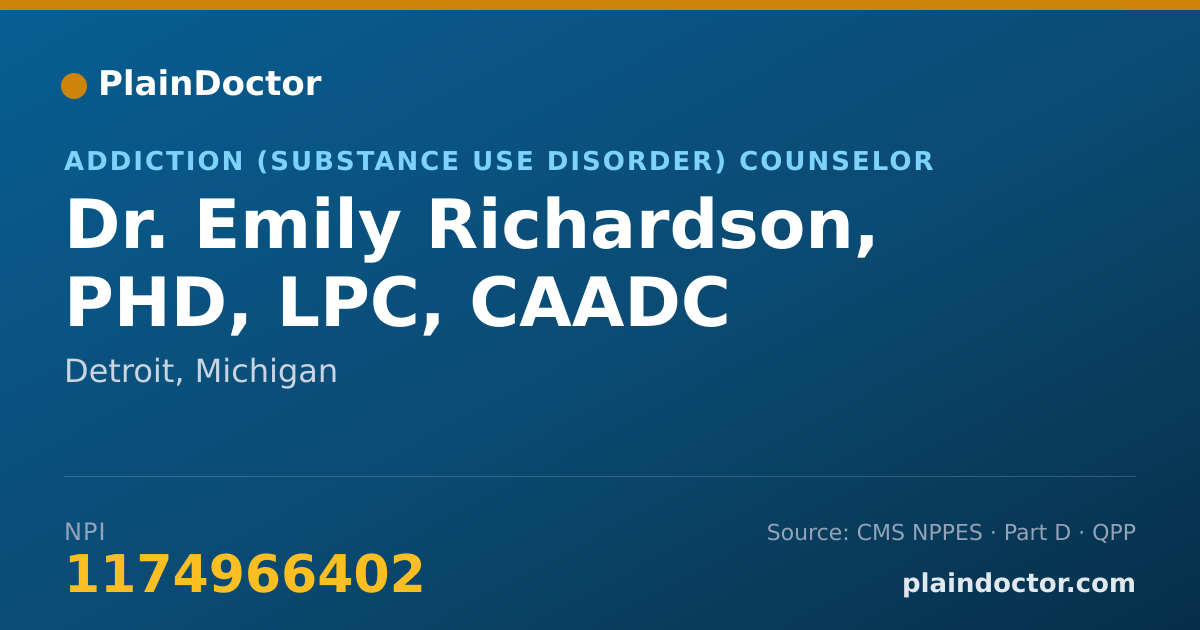 Shareable card for Emily Richardson, PHD, LPC, CAADC - Addiction (Substance Use Disorder) Counselor, Detroit, MI
