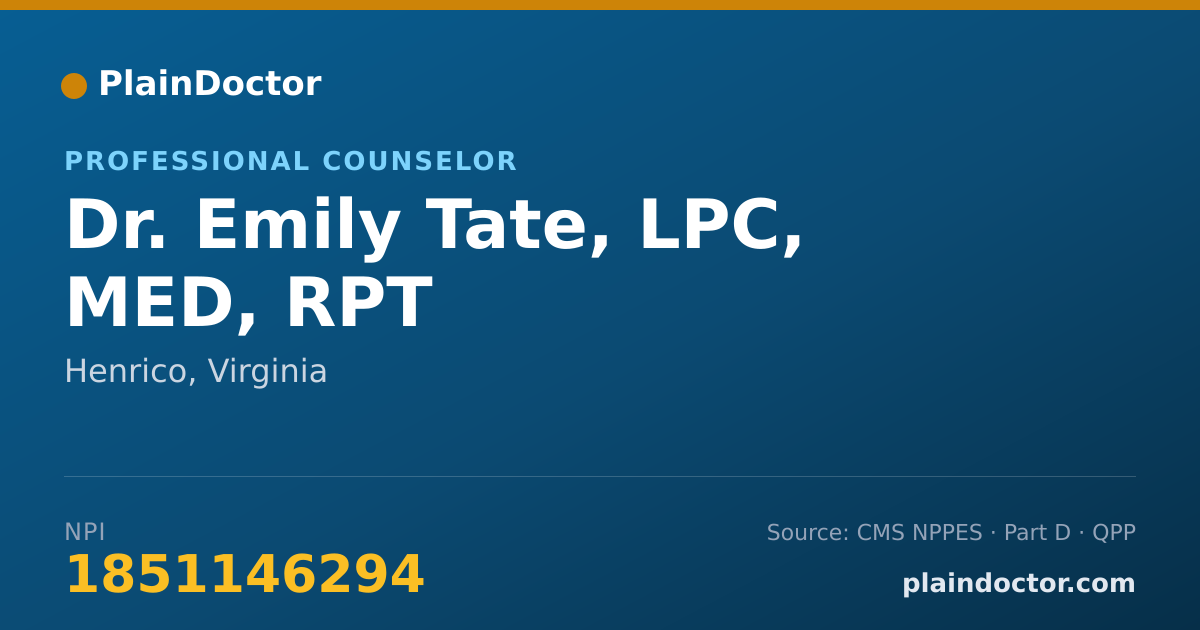 Shareable card for Emily Tate, LPC, MED, RPT - Professional Counselor, Henrico, VA