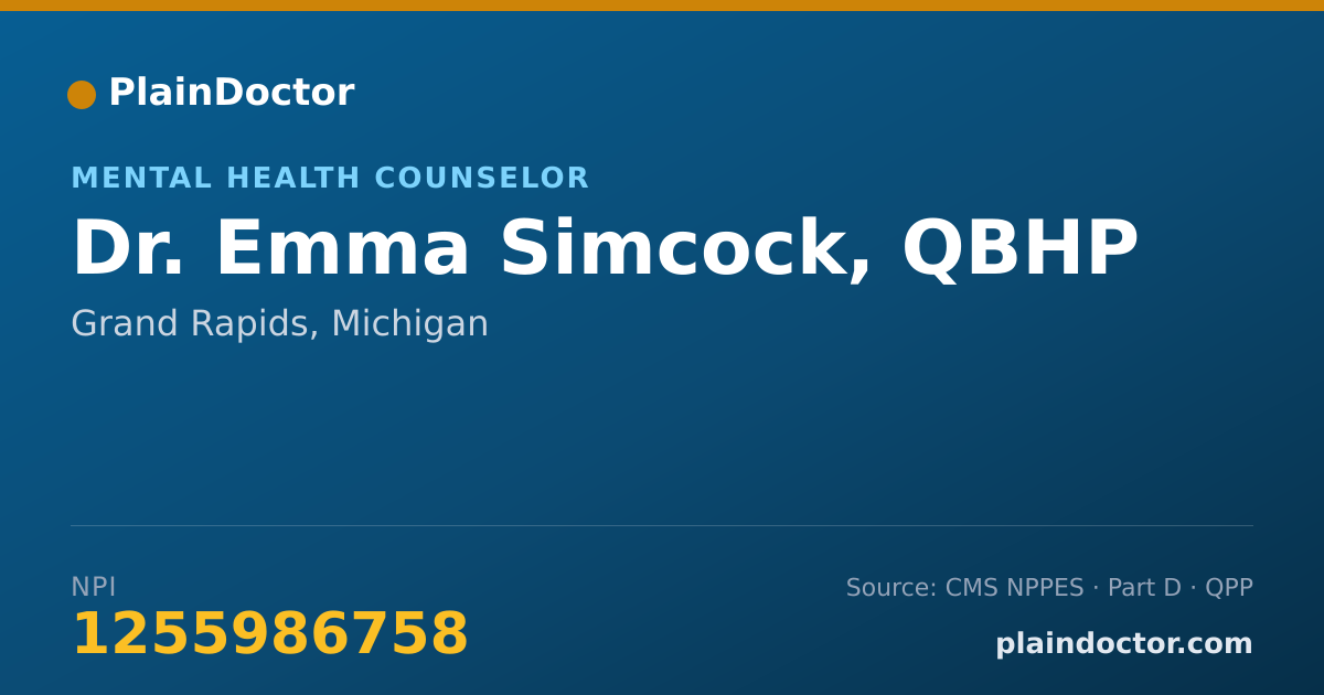 Shareable card for Emma Simcock, QBHP - Mental Health Counselor, Grand Rapids, MI