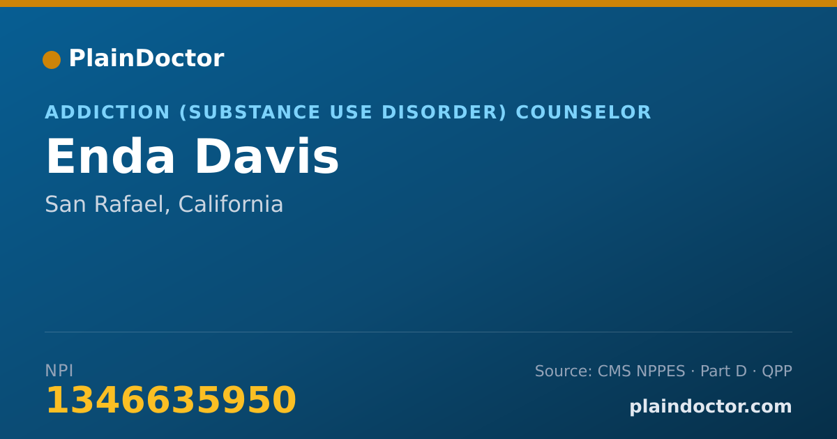 Shareable card for Enda Davis - Addiction (Substance Use Disorder) Counselor, San Rafael, CA