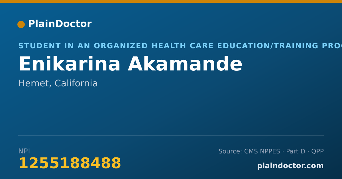 Shareable card for Enikarina Akamande - Student in an Organized Health Care Education/Training Program, Hemet, CA