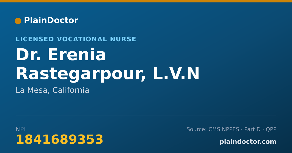 Shareable card for Erenia Rastegarpour, L.V.N - Licensed Vocational Nurse, La Mesa, CA