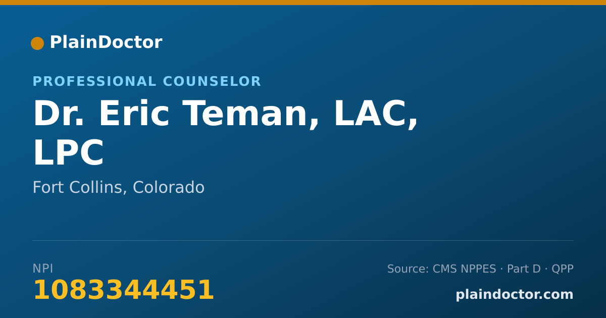 Shareable card for Eric Teman, LAC, LPC - Professional Counselor, Fort Collins, CO