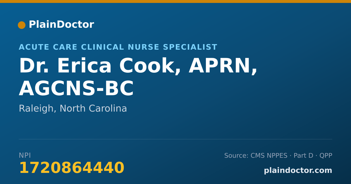 Shareable card for Erica Cook, APRN, AGCNS-BC - Acute Care Clinical Nurse Specialist, Raleigh, NC