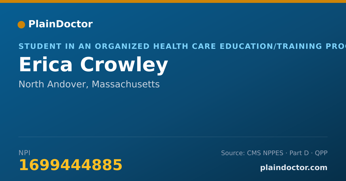 Shareable card for Erica Crowley - Student in an Organized Health Care Education/Training Program, North Andover, MA