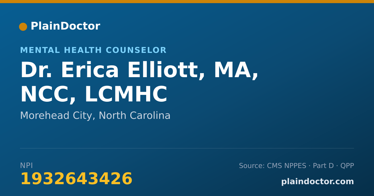 Shareable card for Erica Elliott, MA, NCC, LCMHC - Mental Health Counselor, Morehead City, NC