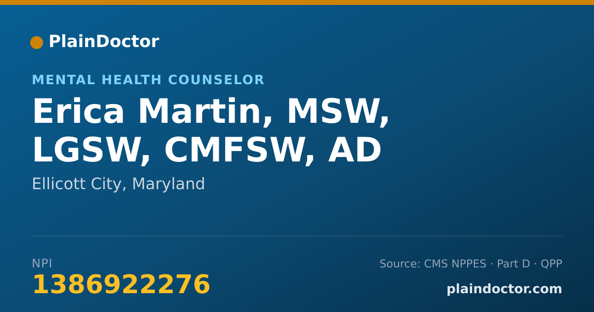 Shareable card for Erica Martin, MSW, LGSW, CMFSW, AD - Mental Health Counselor, Ellicott City, MD