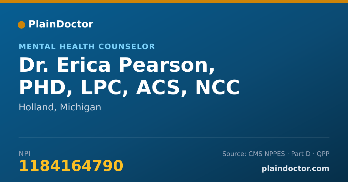 Shareable card for Erica Pearson, PHD, LPC, ACS, NCC - Mental Health Counselor, Holland, MI