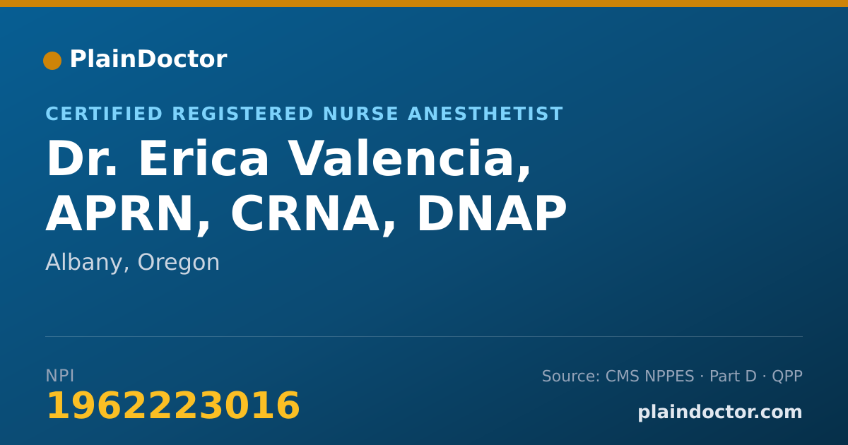 Shareable card for Erica Valencia, APRN, CRNA, DNAP - Certified Registered Nurse Anesthetist, Albany, OR