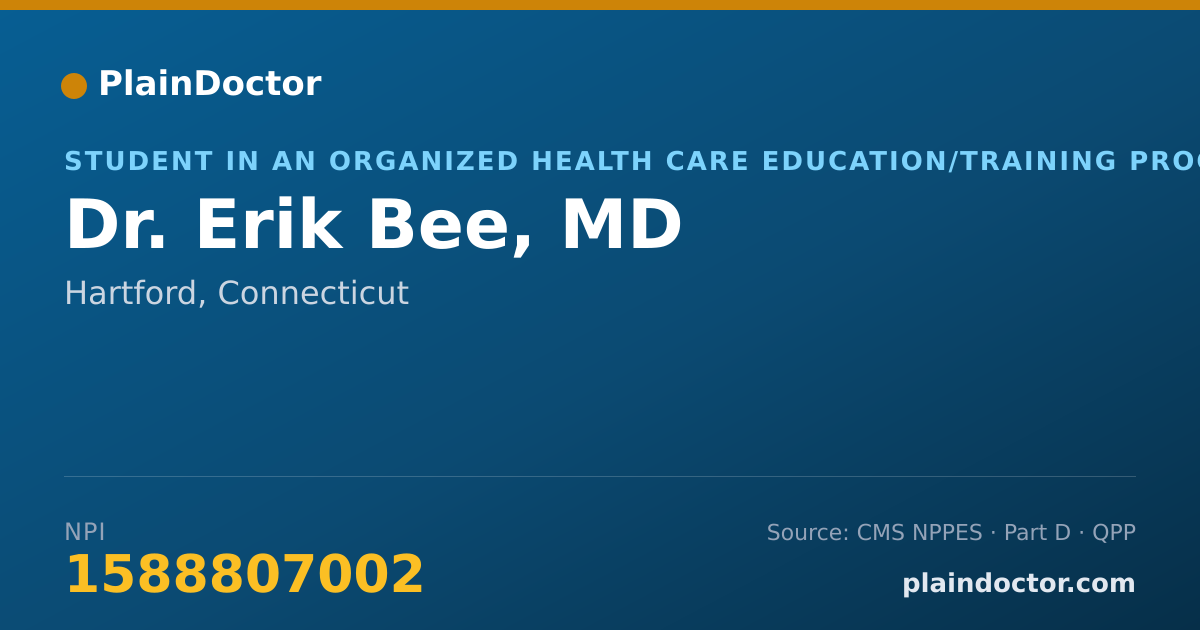 Shareable card for Erik Bee, MD - Student in an Organized Health Care Education/Training Program, Hartford, CT