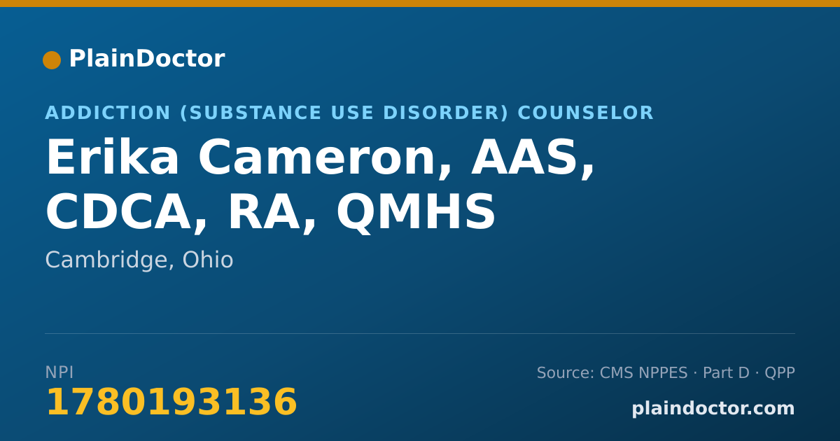 Shareable card for Erika Cameron, AAS, CDCA, RA, QMHS - Addiction (Substance Use Disorder) Counselor, Cambridge, OH
